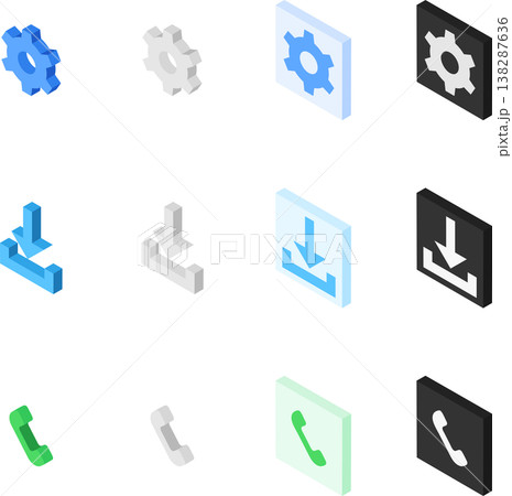設定・ダウンロード・電話アイコンセットのアイソメトリックイラスト 138287636