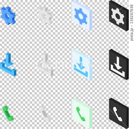 設定・ダウンロード・電話アイコンセットのアイソメトリックイラスト 138287636