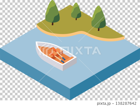 湖泊及其上的划艇的等距插圖。 湖泊及其上的划艇的等距插圖。 138287642