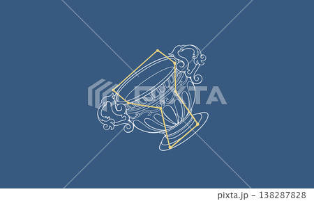 ネイビー色の背景に浮かぶコップ座のイラスト（白線のコップの絵とゴールド色の星座線） 138287828