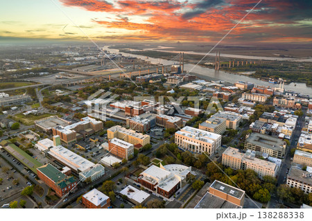 Aerial view of Savannah, Georgia. American city old historical architecture. USA panoramic cityscape at night 138288338