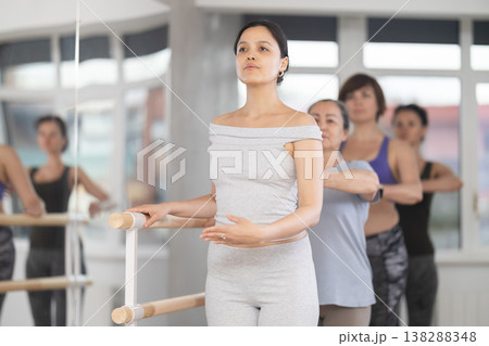 Female ballet enthusiast learning first position at group session Female ballet enthusiast learning first position at group session 138288348