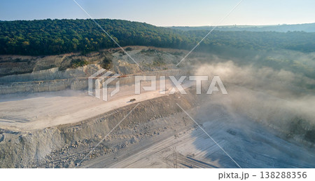Aerial view of open pit mining site of limestone materials extraction for construction industry with excavators and dump trucks. Aerial view of open pit mining site of limestone materials extraction for construction industry with excavators and dump trucks. 138288356