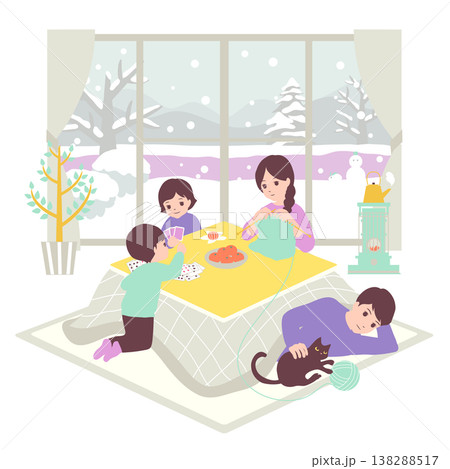 季節のファミリーイラスト(2月)寒い雪の日にこたつでくつろぐ家族 季節のファミリーイラスト(2月)寒い雪の日にこたつでくつろぐ家族 138288517