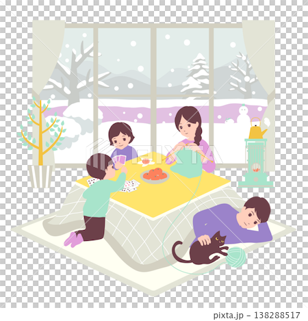 季節のファミリーイラスト(2月)寒い雪の日にこたつでくつろぐ家族 季節のファミリーイラスト(2月)寒い雪の日にこたつでくつろぐ家族 138288517