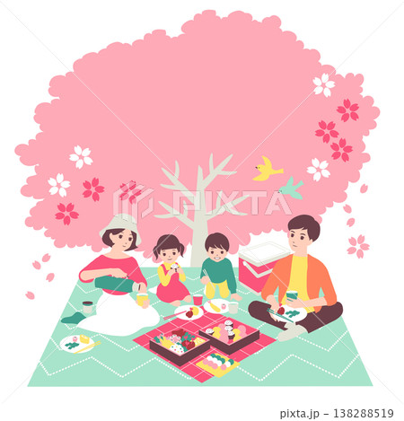季節のファミリーイラスト(4月)満開の桜の下でお花見のピクニックをする家族 季節のファミリーイラスト(4月)満開の桜の下でお花見のピクニックをする家族 138288519