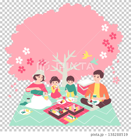 季節性家庭插畫(四月):一家人在盛開的櫻花樹下享受野餐。 季節性家庭插畫(四月):一家人在盛開的櫻花樹下享受野餐。 138288519