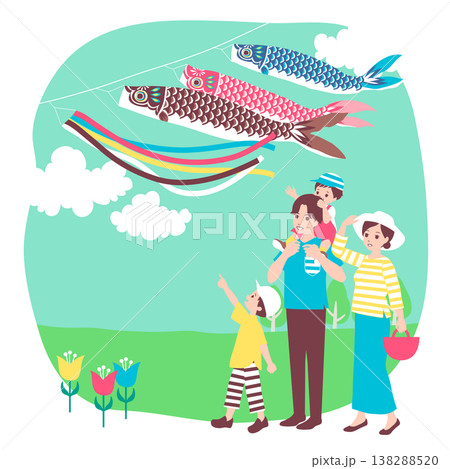 季節のファミリーイラスト(5月)新緑の中で青空を泳ぐ鯉のぼりを眺める家族 季節のファミリーイラスト(5月)新緑の中で青空を泳ぐ鯉のぼりを眺める家族 138288520