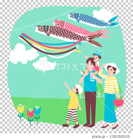 季節のファミリーイラスト(5月)新緑の中で青空を泳ぐ鯉のぼりを眺める家族 季節のファミリーイラスト(5月)新緑の中で青空を泳ぐ鯉のぼりを眺める家族 138288520