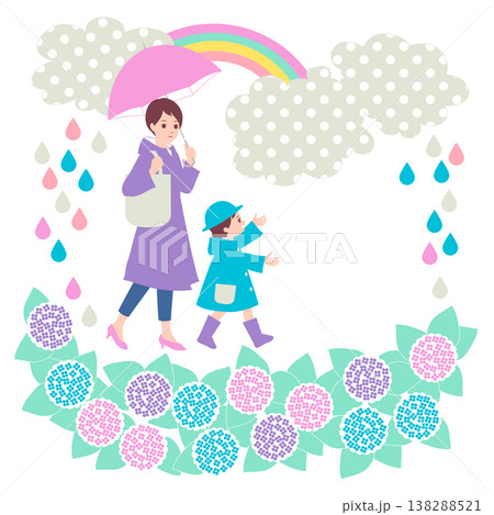 季節のファミリーイラスト(6月)雨の中を紫陽花を眺めながら散歩する親子 季節のファミリーイラスト(6月)雨の中を紫陽花を眺めながら散歩する親子 138288521