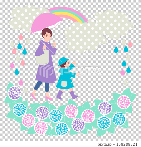 Seasonal Family Illustration (June): A parent and child taking a walk in the rain while admiring hydrangeas. Seasonal Family Illustration (June): A parent and child taking a walk in the rain while admiring hydrangeas. 138288521