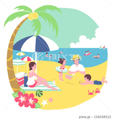 季節のファミリーイラスト(7月)夏に海水浴を楽しむ家族 季節のファミリーイラスト(7月)夏に海水浴を楽しむ家族 138288522