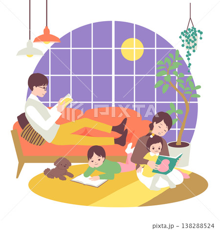 季節のファミリーイラスト(9月)秋の夜長に部屋の中でくつろいで読書をする家族 季節のファミリーイラスト(9月)秋の夜長に部屋の中でくつろいで読書をする家族 138288524
