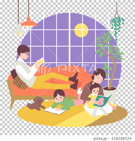 季節のファミリーイラスト(9月)秋の夜長に部屋の中でくつろいで読書をする家族 季節のファミリーイラスト(9月)秋の夜長に部屋の中でくつろいで読書をする家族 138288524