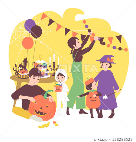 季節のファミリーイラスト(10月)仮装してハロウィンパーティの準備をする家族 季節のファミリーイラスト(10月)仮装してハロウィンパーティの準備をする家族 138288525