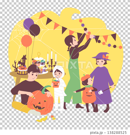 季節性家庭插畫（十月）：一家人穿著戲服，準備參加萬聖節派對。 138288525