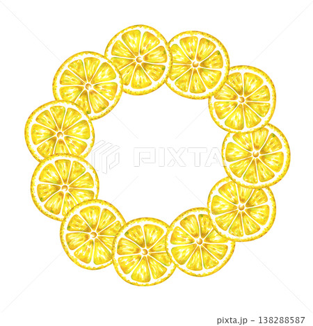 Watercolor lemon slices wreath frame, hand drawn citrus fruit border isolated on white background. 138288587