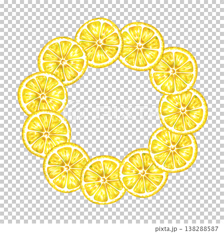 Watercolor lemon slices wreath frame, hand drawn citrus fruit border isolated on white background. 138288587