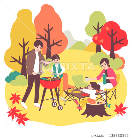 季節のファミリーイラスト（11月）紅葉の中でデイキャンプのバーベキューを楽しむ家族 138288595