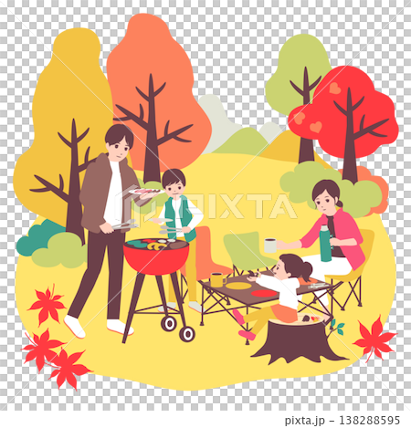 季節のファミリーイラスト（11月）紅葉の中でデイキャンプのバーベキューを楽しむ家族 138288595