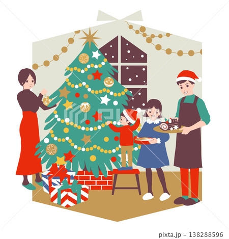 季節のファミリーイラスト（12月）クリスマスツリーの飾り付けをする家族 138288596