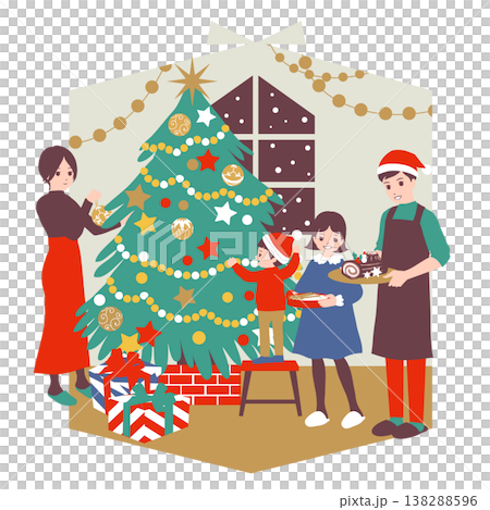 季節のファミリーイラスト（12月）クリスマスツリーの飾り付けをする家族 138288596