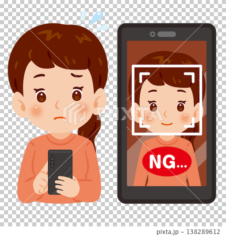 女性とスマートフォンのパスコード認証画面　NGイラスト 138289612