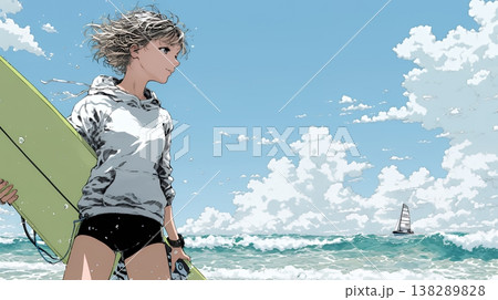 サーフボードを持ち海を見つめる若い女性｜ビーチ・リゾート・ライフスタイル・アウトドア