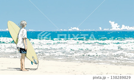 サーフボードを持ち海を見つめる若い女性｜ビーチ・リゾート・ライフスタイル・アウトドア