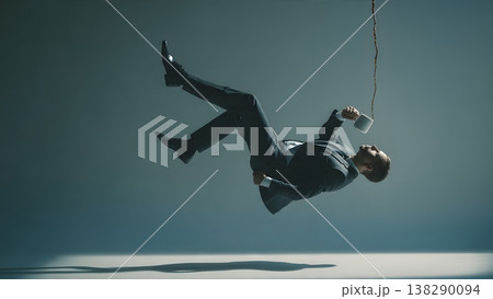 A businessman in a suit tumbles through the air, a coffee cup suspended in his hand, symbolizing stress and failure. A businessman in a suit tumbles through the air, a coffee cup suspended in his hand, symbolizing stress and failure. 138290094