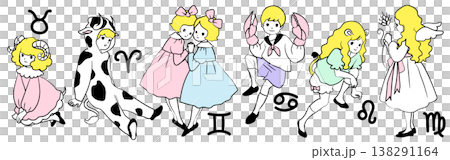 十二星座擬人化的向量插圖:牡羊座、金牛座、雙子座、巨蟹座、獅子座和 十二星座擬人化的向量插圖:牡羊座、金牛座、雙子座、巨蟹座、獅子座和 138291164