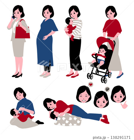 仕事をしながら子育てをする女性のイラスト素材セット 仕事をしながら子育てをする女性のイラスト素材セット 138291171