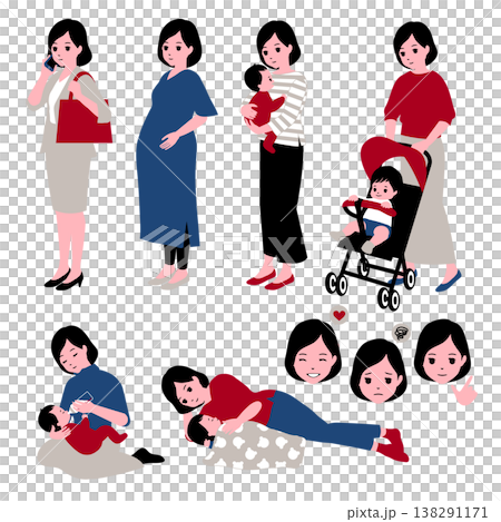 仕事をしながら子育てをする女性のイラスト素材セット 仕事をしながら子育てをする女性のイラスト素材セット 138291171