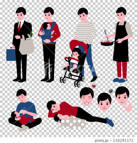 一組描繪男性邊工作邊養育孩子的插圖。 138291172