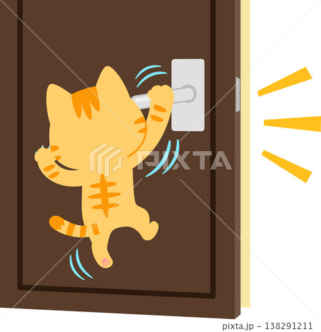 ドアノブにぶら下がってドアを開けるトラ猫 ドアノブにぶら下がってドアを開けるトラ猫 138291211