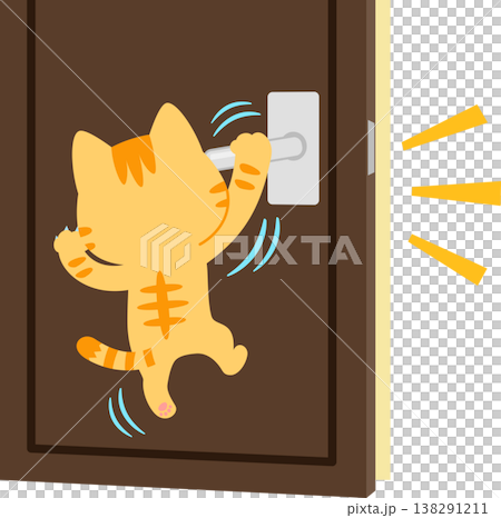 A tabby cat hanging from the doorknob to open the door. A tabby cat hanging from the doorknob to open the door. 138291211
