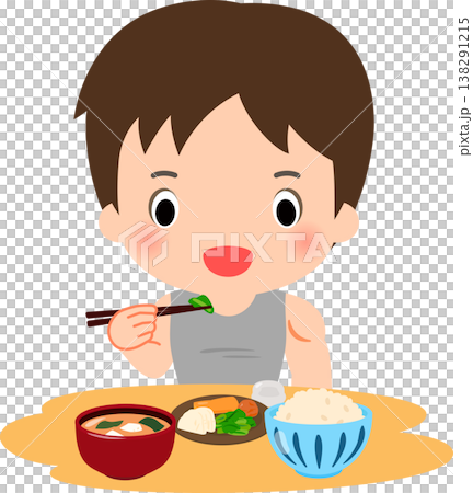 A muscular man eating a meal of rice, pickles, and miso soup. A muscular man eating a meal of rice, pickles, and miso soup. 138291215