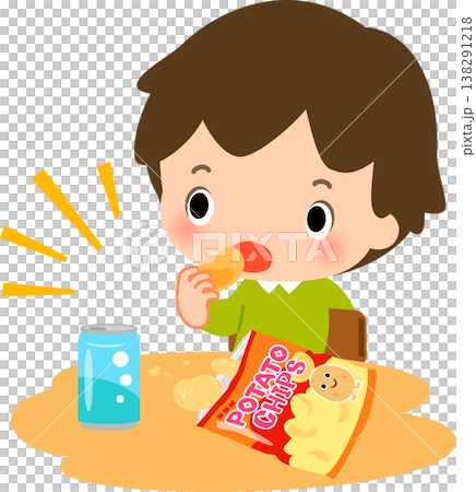 A boy eating potato chips with a sloppy attitude. A boy eating potato chips with a sloppy attitude. 138291218