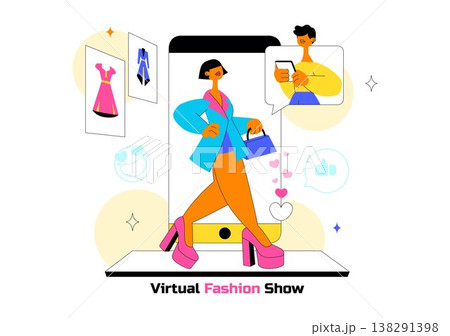 Virtual Fashion Show Vector Illustration Featuring Online Runway Models, Digital Clothing Presentation, Social Media Streaming and Modern Style Event 138291398