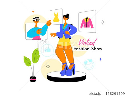 Virtual Fashion Show Vector Illustration Featuring Online Runway Models, Digital Clothing Presentation, Social Media Streaming and Modern Style Event Virtual Fashion Show Vector Illustration Featuring Online Runway Models, Digital Clothing Presentation, Social Media Streaming and Modern Style Event 138291399