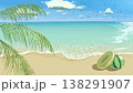 ヤシの木の葉とカモメ、スイカ柄ビーチボール、浮き輪が描かれたギラギラと眩しい真夏のビーチの手描き風景 138291907