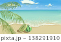 ヤシの木の葉とカモメ、スイカ柄ビーチボール、浮き輪が描かれた夏のビーチの手描き風景 138291910