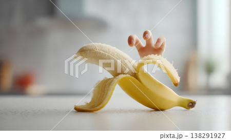 A peeled banana with human-like hands emerging from its peel, creating a whimsical monster effect in a kitchen setting. 138291927
