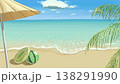 パラソルとヤシの木の葉、スイカ柄ビーチボール、浮き輪が描かれた真夏の海岸の手描き風景 138291990