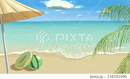 パラソルとヤシの木の葉、スイカ柄ビーチボール、浮き輪が描かれた真夏の海岸の手描き風景 138291990