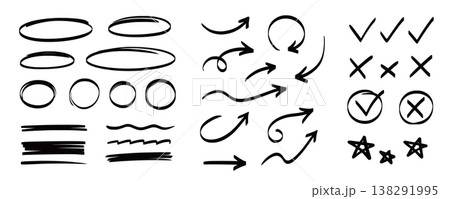 Arrow, circle, underline marker hand pen set. Arrow line marker hand drawn brush pencil sketch. Doodle check, cross, star oval round icon sign symbol texture rough. Vector 138291995
