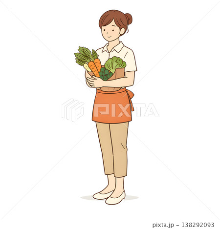 食材を持って料理準備をする家事代行スタッフ（シンプル手描きイラスト） 138292093