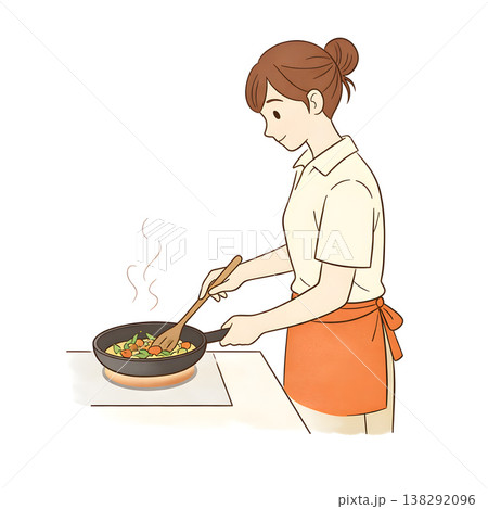 フライパンで炒め料理をする家事代行スタッフ（シンプル手描きイラスト） 138292096