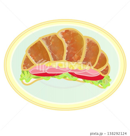 皿に乗せられたクロワッサンサンドウィッチのイラスト 138292124