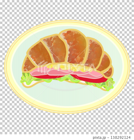 皿に乗せられたクロワッサンサンドウィッチのイラスト 138292124